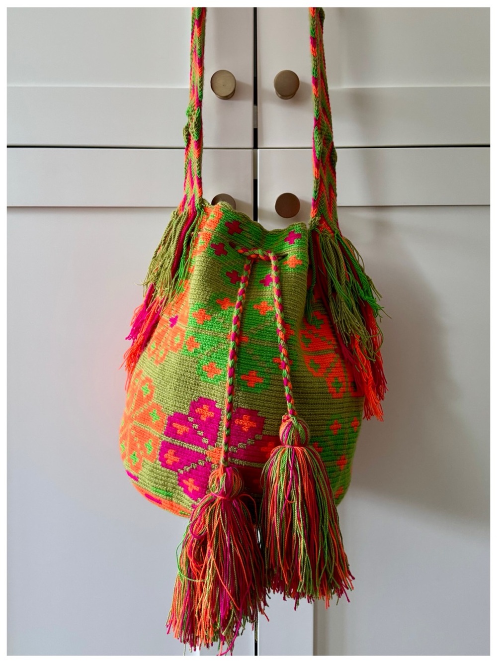 Colombian Wayuu Mochila Crossbody Bag | Green & Neon Pink Knit (Handwoven Boho) - Picture 5 of 17